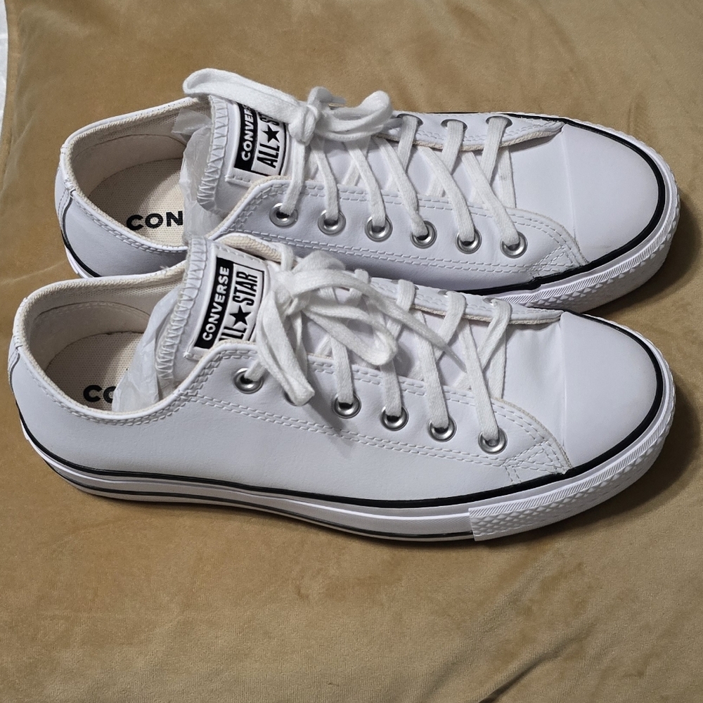 Converse White Low Top Platform Sneakers with Black Trim - Picture 3 of 12